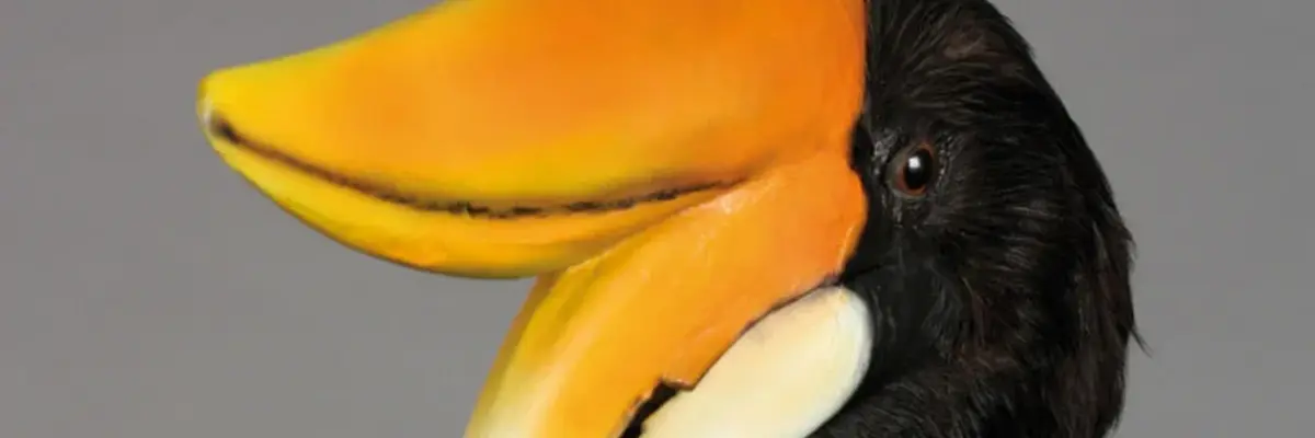 ein ausgestopfter Doppelhornvogel mit gelbem Schnabel