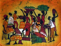 Tanzende Dorfbewohner, Künstler unbekannt, Batik, entstanden in  Tansania, 1989, Foto: S. Lychatz