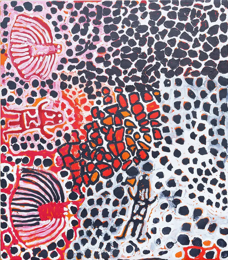 Harry Tjutjuna, Wati Nyiru Munu Wanka: Spider, Acryl auf Baumwolle,  157 x 177 cm, 2010 © Harry Tjutjuna, Western APY Lands