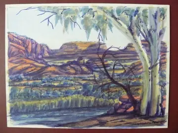 Malerei einer Landschaft mit Fluss und Bergen
