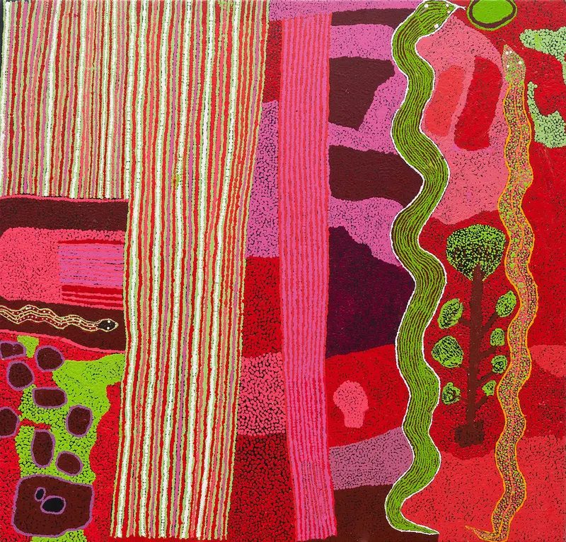 Ginger Wikilyiri, Wati Wanampi Kutjara, Acryl auf Baumwolle, 112,5 x  109 cm, 2010 © Ginger Wikilyiri, Western APY Lands