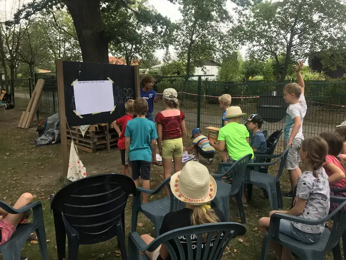Eine Gruppe von Kindern sitzt im Freien auf Stühlen vor einer Tafel und beteiligt sich aktiv an einer Gruppenaktion. Eine erwachsene Person moderiert, während ein Kind sich meldet. Im Hintergrund sind Bäume und eine eingezäunte Spielfläche zu sehen.