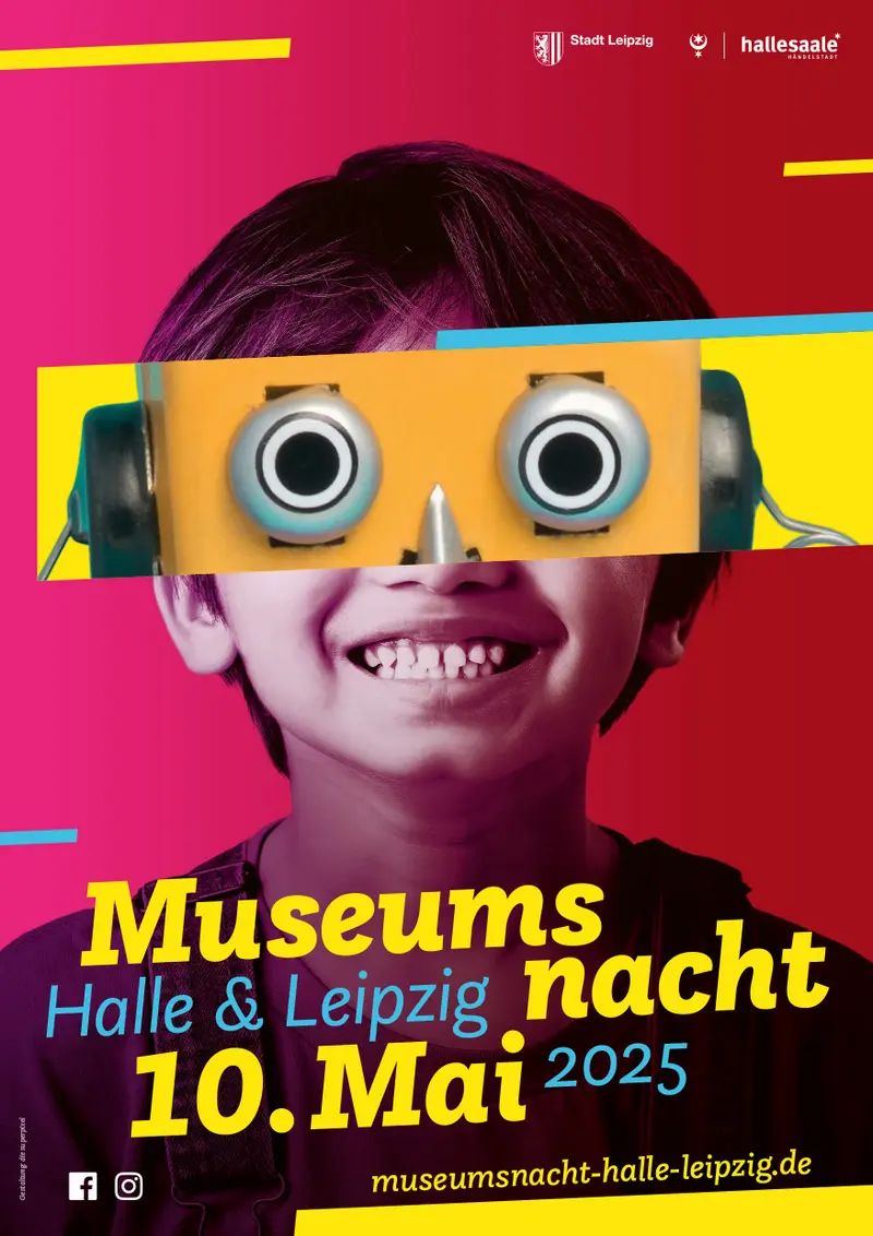 Plakat zur Museumsnacht Halle & Leipzig 2025 mit einem Kind als Motiv