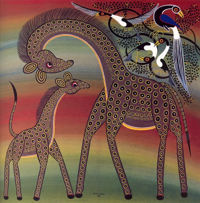 Giraffe mit Jungem und drei Vögeln, Quadratmalerei, 2004 © GRASSI  Museum für Völkerkunde zu Leipzig, Foto: Erhard Schwerin