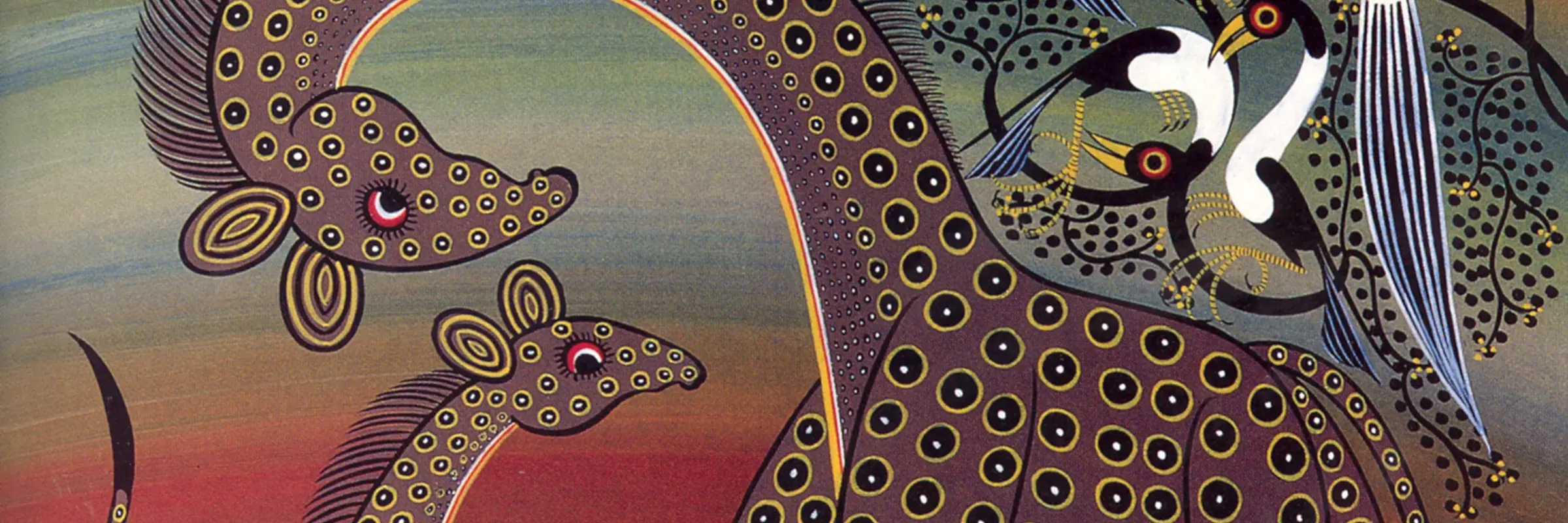 Giraffe mit Jungem und drei Vögeln, Quadratmalerei, 2004 © GRASSI  Museum für Völkerkunde zu Leipzig, Foto: Erhard Schwerin